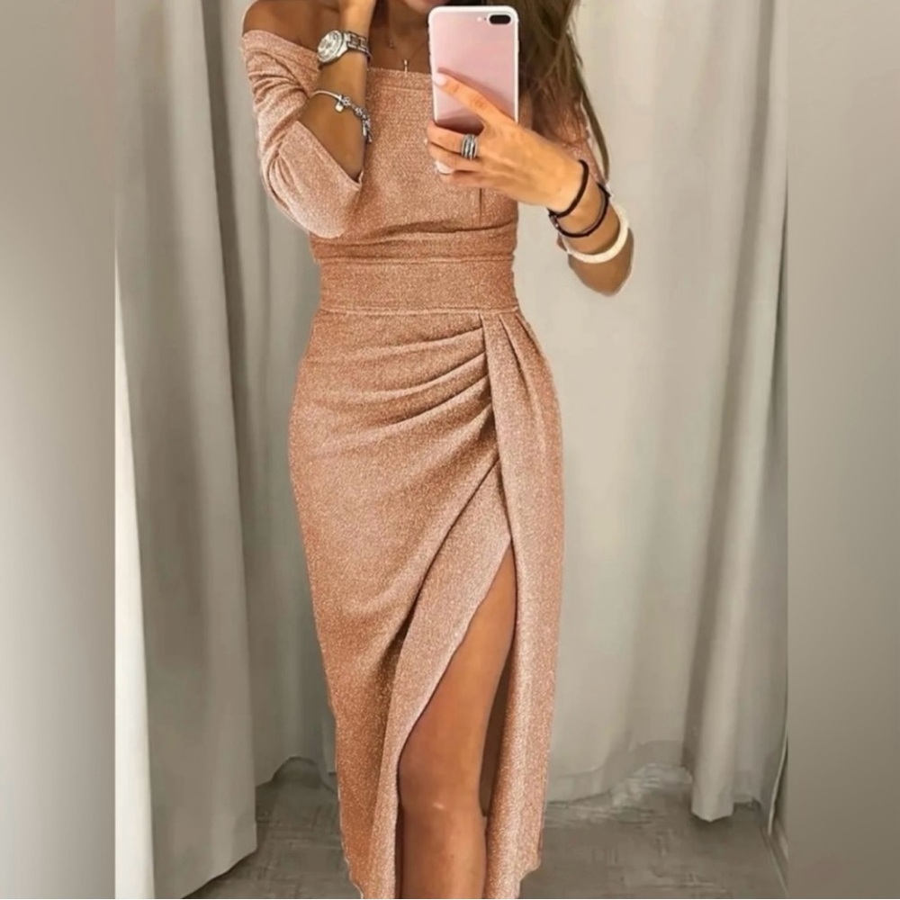 Gold and Cream Ruched Off the Shoulder Cocktail Dress